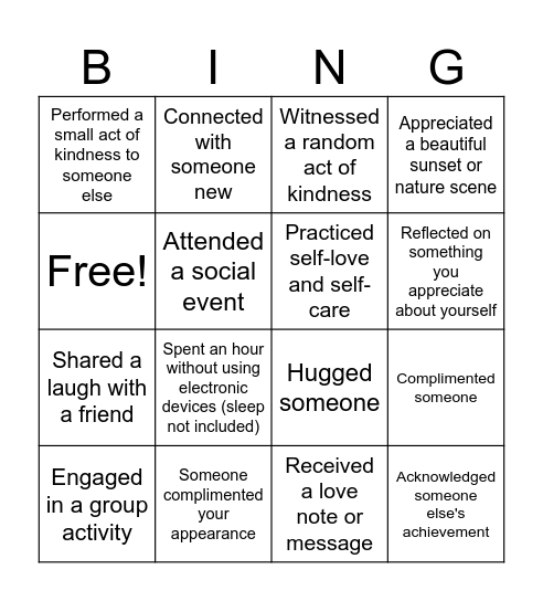 In The Past Week Bingo Card