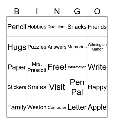 PEN PAL Bingo Card