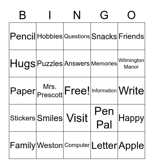 PEN PAL Bingo Card