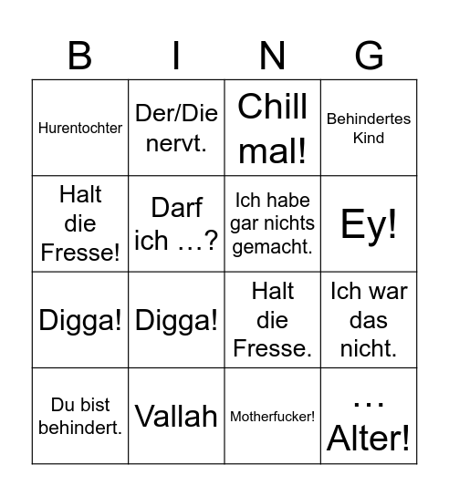 Schülerslang Bingo Card