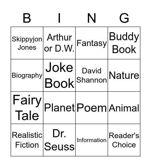 Reading Bingo Card