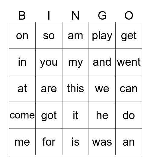 Sight Word Bingo Card