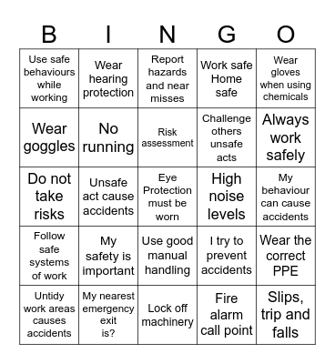 Health and Safety Bingo Card