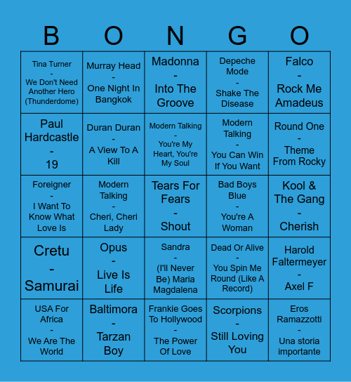 1985 Music Bingo Card