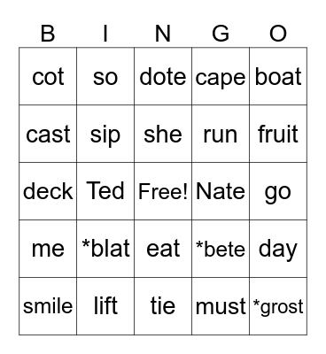 Phonetic Skills 1-5 Bingo Card