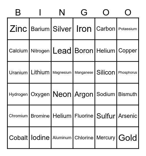 Periodic Table Bingo Card