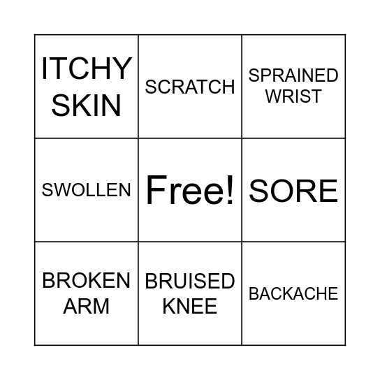 INJURIES Bingo Card