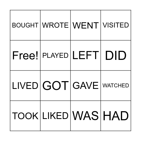 SIMPLE PAST Bingo Card