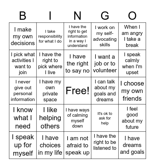 Self-Advocacy BINGO Card