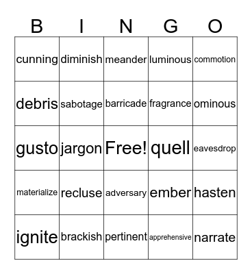 Big People Words Bingo Card