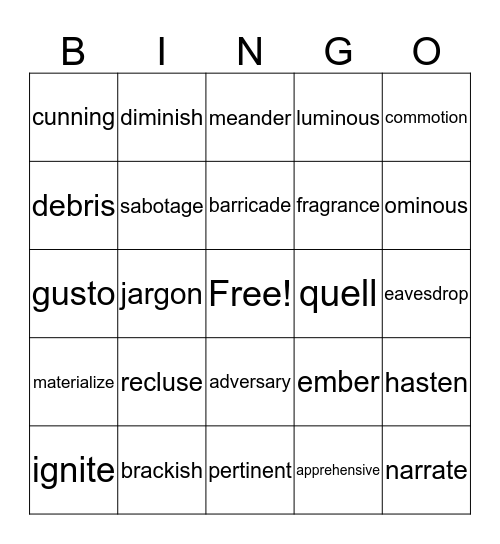 Big People Words Bingo Card