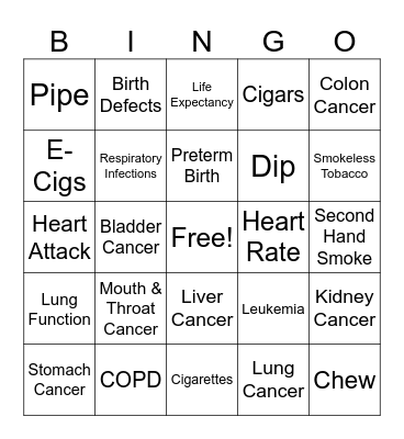 Smoking Cessation Bingo Card