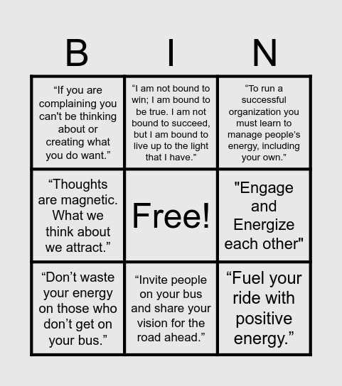 Energy Bus Bingo Card