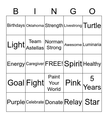 Relay For Life Bingo Card