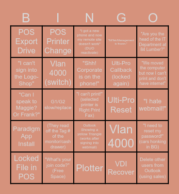 84 Lumber Service Desk Bingo Card