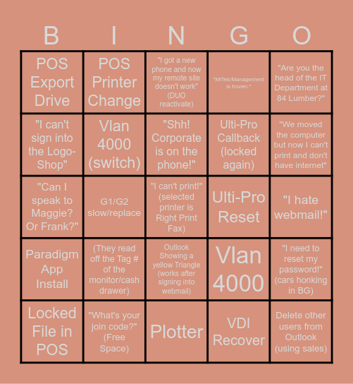 84 Lumber Service Desk Bingo Card