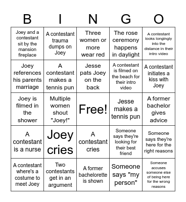 Joey Bachelor Night 1 Bingo Card