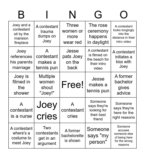 Joey Bachelor Night 1 Bingo Card