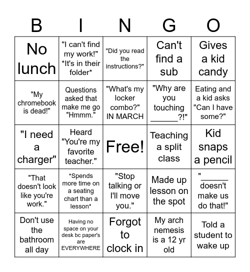 Middle School Teacher Bingo Card