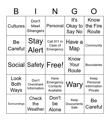 Personal, Community & Travel Safety Bingo Card