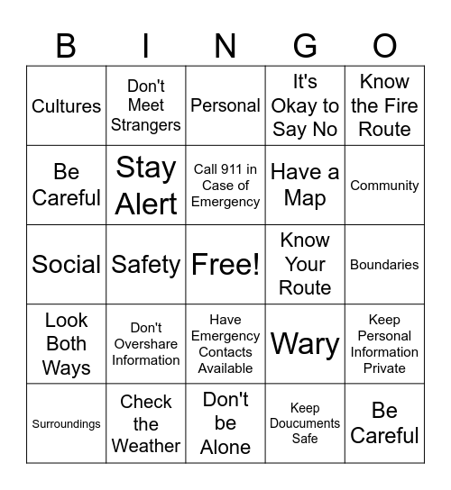 Personal, Community & Travel Safety Bingo Card