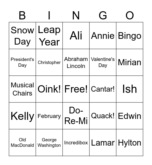 February Choir Bingo Card