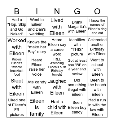 EILEEN'S 50TH BIRTHDAY BINGO GAME Bingo Card