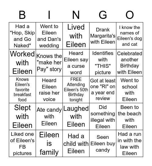 EILEEN'S 50TH BIRTHDAY BINGO GAME Bingo Card