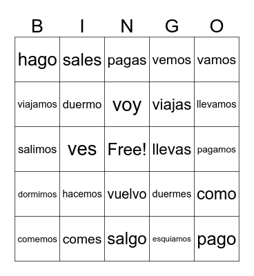 Verb Bingo Card