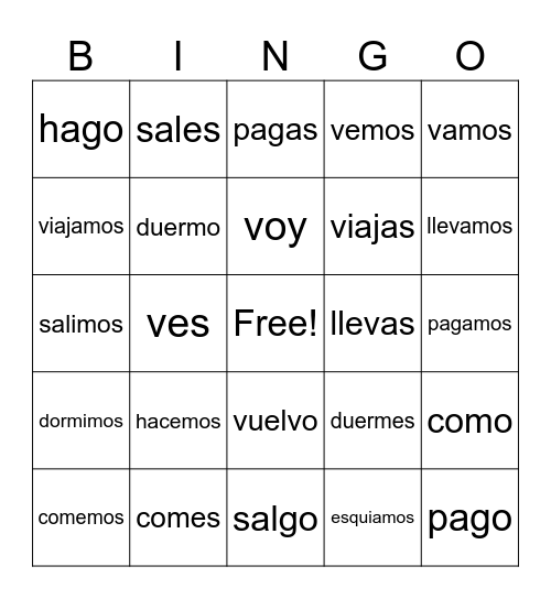 Verb Bingo Card