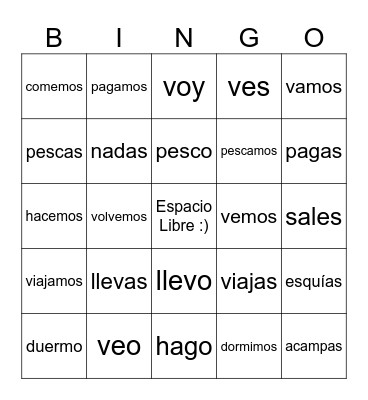 Verbos - Yo/Tú/Nosotros Bingo Card