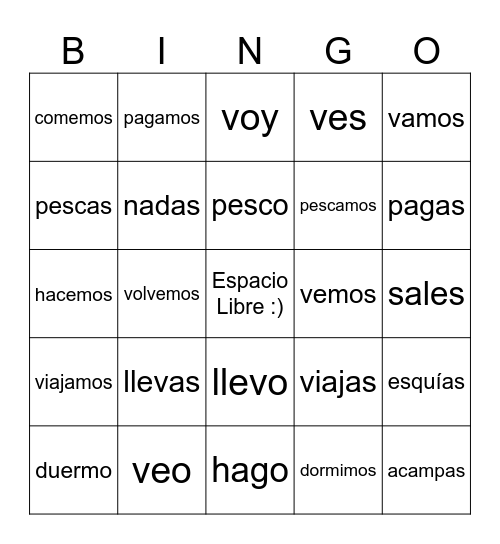 Verbos - Yo/Tú/Nosotros Bingo Card
