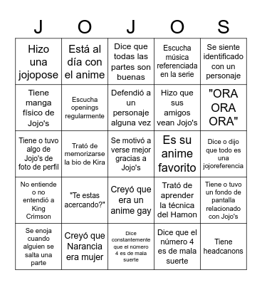 Bingo de fan de Jojo's Bingo Card