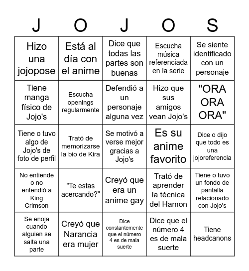 Bingo de fan de Jojo's Bingo Card