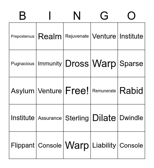 Unit 8 Vocabulary Bingo Card