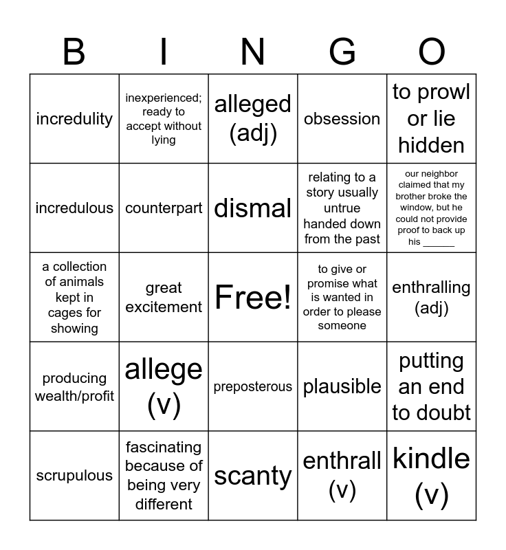 WWUnit14 Grade 7 Bingo Card