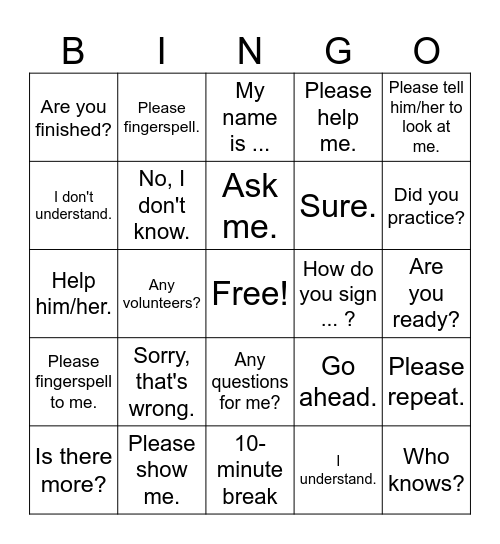 Short Sentences Bingo Card