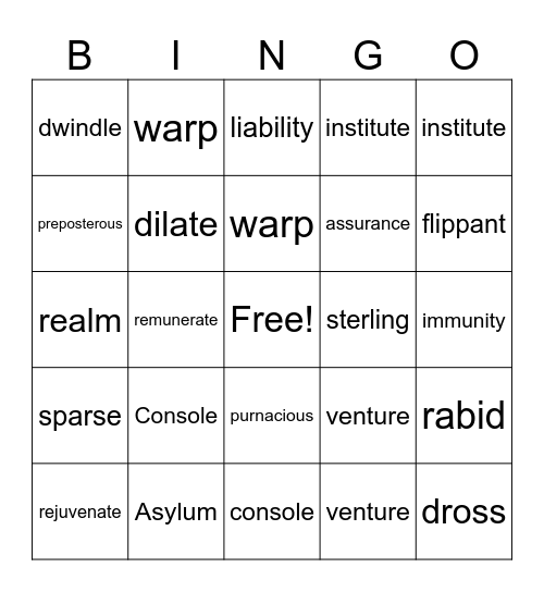 Unit 8 Vocabulary Bingo Card