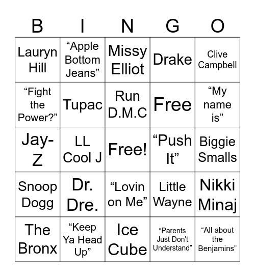 Hip Hop Turns 50 Bingo Card