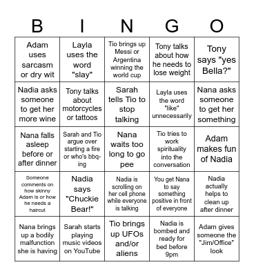Quality Family Time Bingo Card