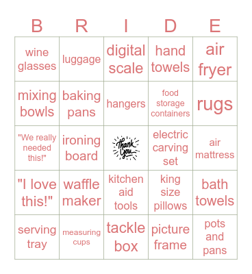 Bridal Shower Bingo Card