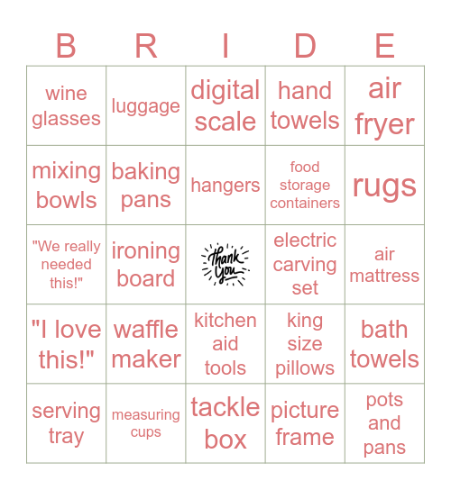 Bridal Shower Bingo Card