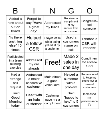 Customer Service Bingo Card