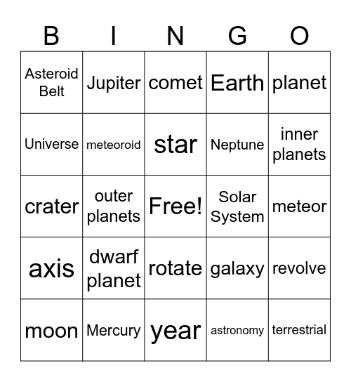 The Solar System Bingo Card