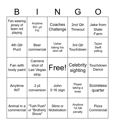 Super Bowl Bingo Card