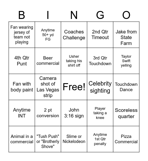 Super Bowl Bingo Card