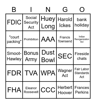 The Great Depression and New Deal Bingo Card