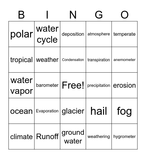 Weather, Climate, and Water Cycle Bingo Card