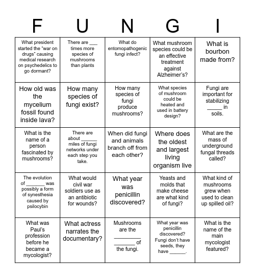 Fantastic Fungi (2019) Documentary BINGO Card