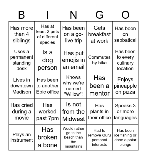 WIP Icebreaker Bingo Card